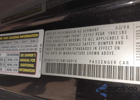 2006 Volkswagen Gti 2-Door z USA, uszkodzony, nr VIN WVWFV71K16W146014